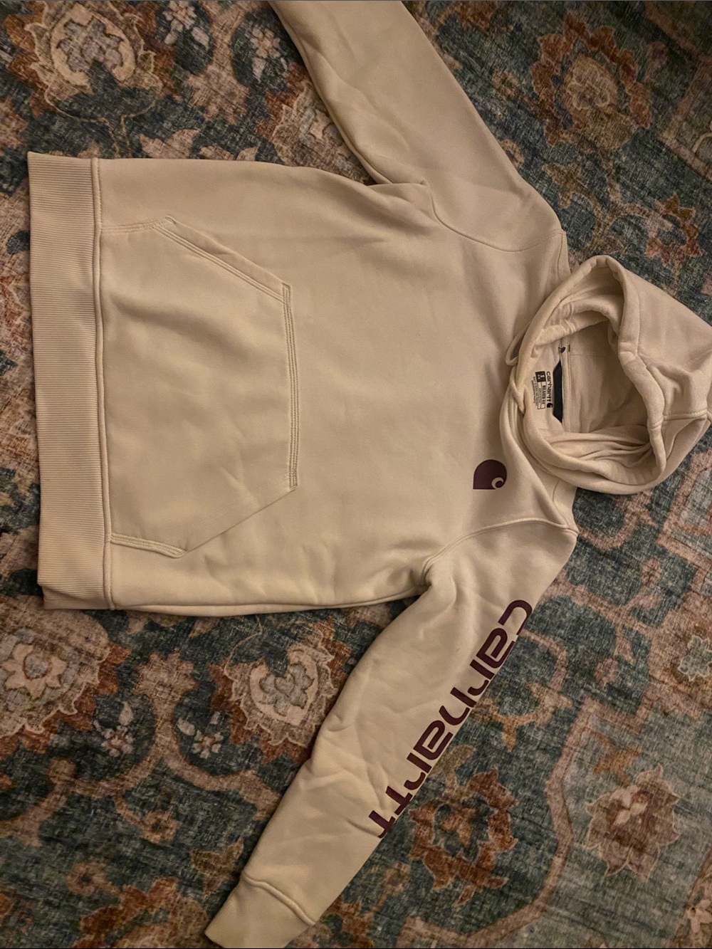 Carhartt Men's Cream Hoodie with Maroon Logo. Never worn. So thick and well made